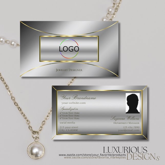 Luxury Silver Luxe Gold Decor with Logo and Photo Business Card (Creator Uploaded)