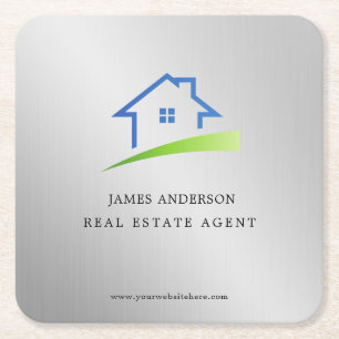 Luxury Silver Metallic Real Estate Agent Business Square Paper Coaster