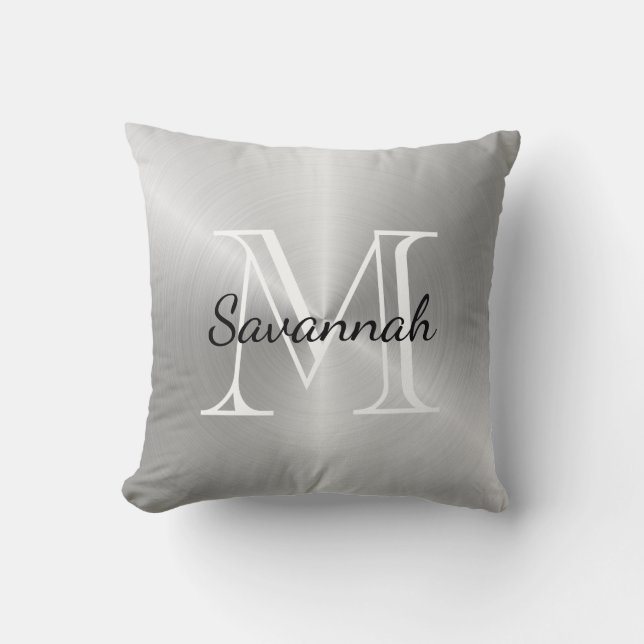 Luxury Silver Monogram Faux Metal Cushion (Front)