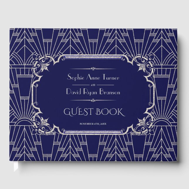 Luxury Silver Navy Blue Great Gatsby 20s Wedding Guest Book (Front)