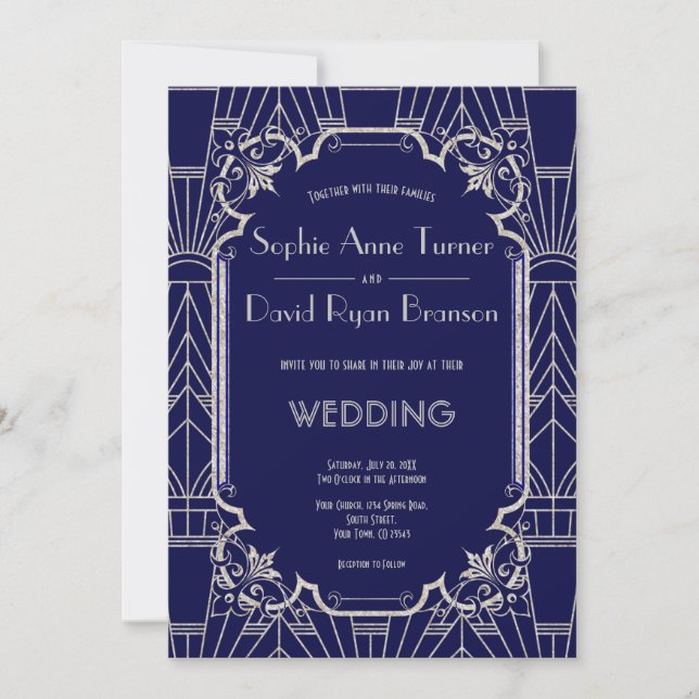 Luxury Silver Navy Blue Great Gatsby 20s Wedding Invitation (Front)