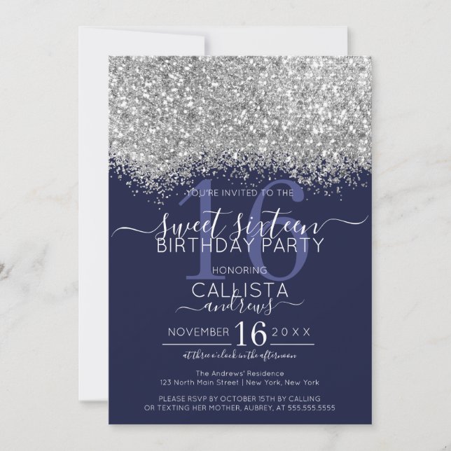 Luxury Silver Navy Glitter Confetti Sweet 16 Invitation (Front)