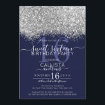 Luxury Silver Navy Glitter Confetti Sweet 16 Invitation<br><div class="desc">The elegant, glamourous, and modern sweet sixteen birthday party invitation is perfect for the contemporary and stylish young teenage girl. It features a faux printed silver sparkly glitter confetti speckled colour block on top of a simple navy blue background with a large number "16" in a matching pink gold-tone. The...</div>