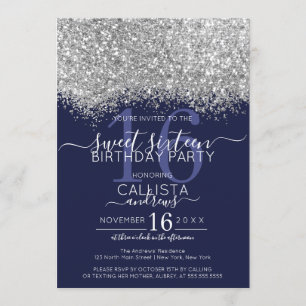 Luxury Silver Navy Glitter Confetti Sweet 16 Invitation