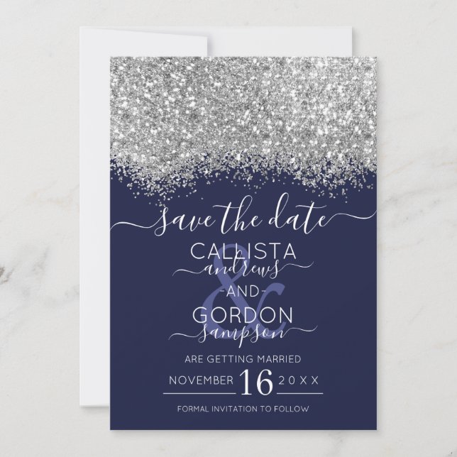 Luxury Silver Navy Glitter Confetti Wedding Save The Date (Front)