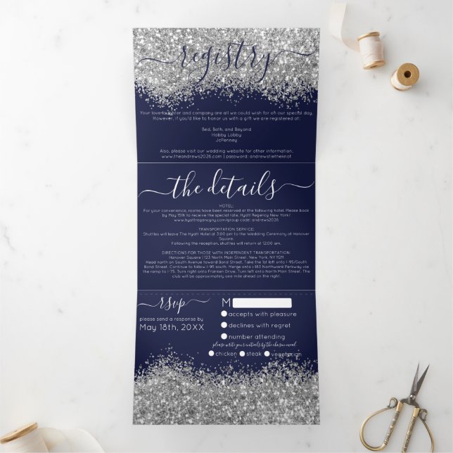 Luxury Silver Navy Glitter Registry Detail RSVP Tri-Fold Invitation (Inside)