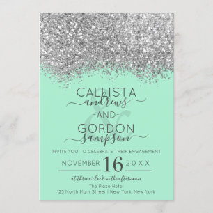Luxury Silver Neo Mint Glitter Confetti Engagement Invitation