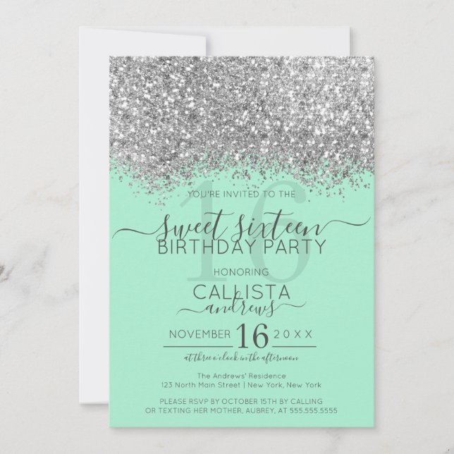 Luxury Silver Neo Mint Glitter Confetti Sweet 16 Invitation (Front)