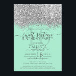 Luxury Silver Neo Mint Glitter Confetti Sweet 16 Invitation<br><div class="desc">The elegant, glamourous, and modern sweet sixteen birthday party invitation is perfect for the contemporary and stylish young teenage girl. It features a faux printed silver sparkly glitter confetti speckled colour block on top of a simple neo mint green background with a large number "16" in a matching pink gold-tone....</div>
