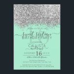 Luxury Silver Neo Mint Glitter Confetti Sweet 16 Invitation<br><div class="desc">The elegant, glamourous, and modern sweet sixteen birthday party invitation is perfect for the contemporary and stylish young teenage girl. It features a faux printed silver sparkly glitter confetti speckled colour block on top of a simple neo mint green background with a large number "16" in a matching pink gold-tone....</div>