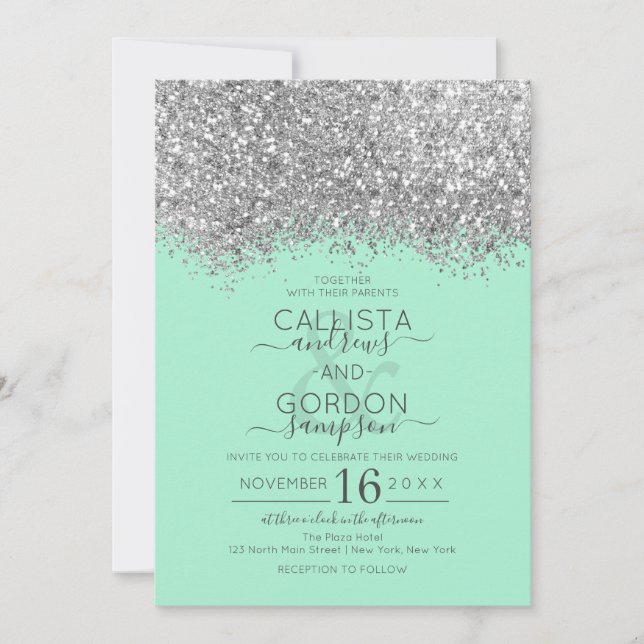 Luxury Silver Neo Mint Glitter Confetti Wedding Invitation (Front)