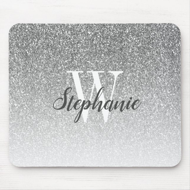 Luxury Silver Ombre Faux Glitter Monogram Mouse Pad (Front)