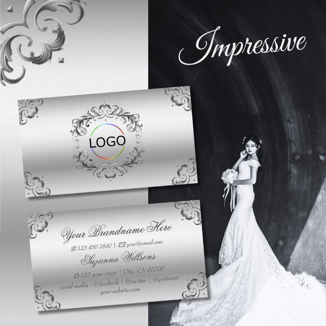 Luxury Silver Ornate Decor with Logo Sumptuous Bus Business Card (Creator Uploaded)