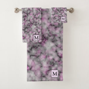 Luxury Silver Pink Marble Monogrammed Bath Towel Set