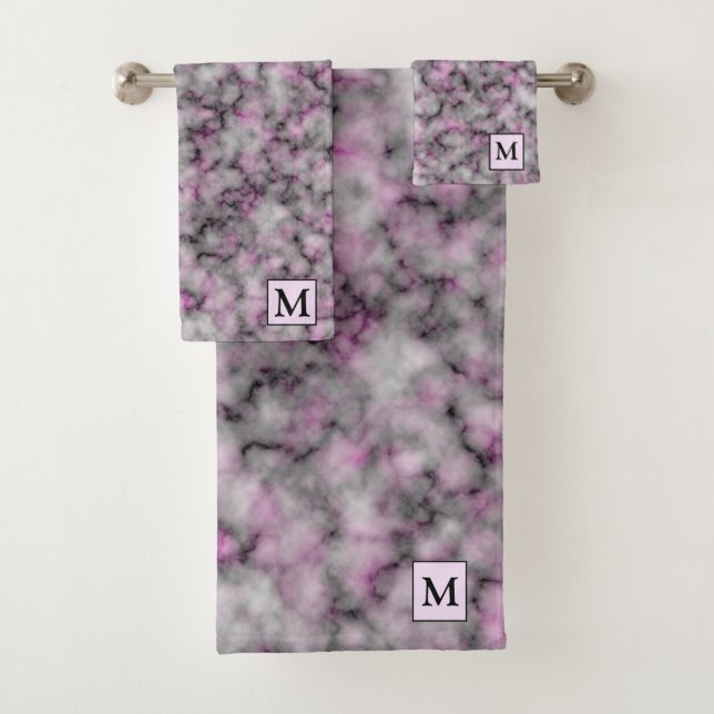 Luxury Silver Pink Marble Monogrammed Bath Towel Set (Insitu)