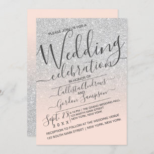 Luxury Silver Pink Sparkly Glitter Ombre Wedding Invitation