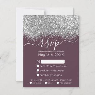 Luxury Silver Purple Glitter Confetti Wedding RSVP Card