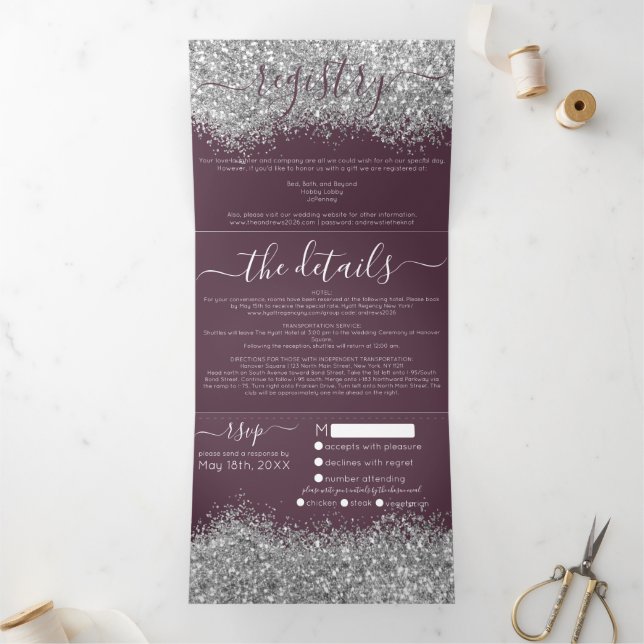 Luxury Silver Purple Glitter Registry Detail RSVP Tri-Fold Invitation (Inside)