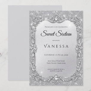 Luxury Silver Rhinestones Glitter sweet 16 Invitation