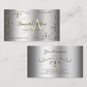 Luxury Silver Shimmer Gold Ornate Corners Initials Business Card