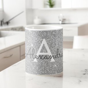 Luxury Silver Sparkle Glitter Monogram Name Coffee Mug