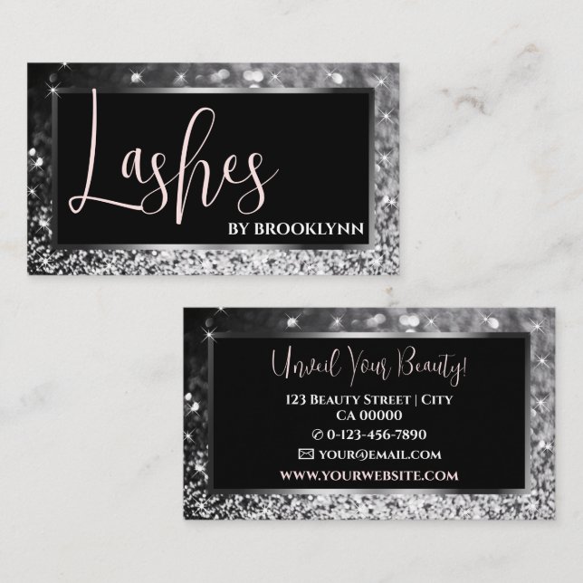 Luxury Silver Sparkling Glitter on Elegant Black Business Card (Front/Back)