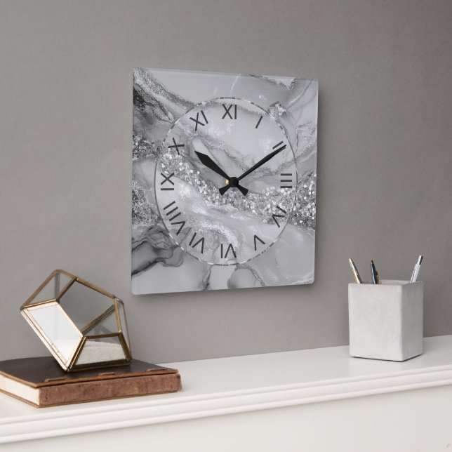 Luxury Silver & White Flowing Marble Square Wall Clock (Office)