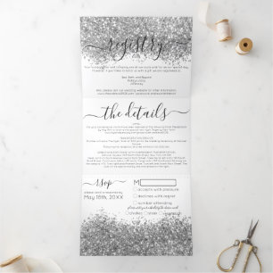 Luxury Silver White Glitter Registry Detail RSVP Tri-Fold Invitation