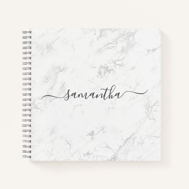 Luxury Silver White Marble Signature Name Notebook (Front)