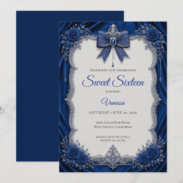 Luxury SilverRoyal Blue Silver Sweet 16 Invitation (Front/Back)
