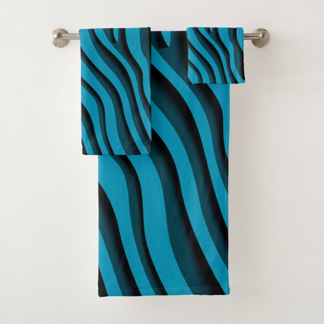 Luxury Soft Blue 3D Zebra Wave Bath Towel Set (Insitu)