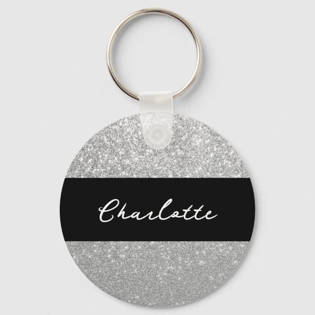 Luxury Sparkle Silver Glitter Name Key Ring (Front)