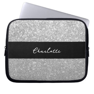 Luxury Sparkle Silver Glitter Name Laptop Sleeve