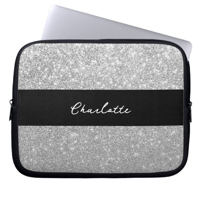 Luxury Sparkle Silver Glitter Name Laptop Sleeve (Front)