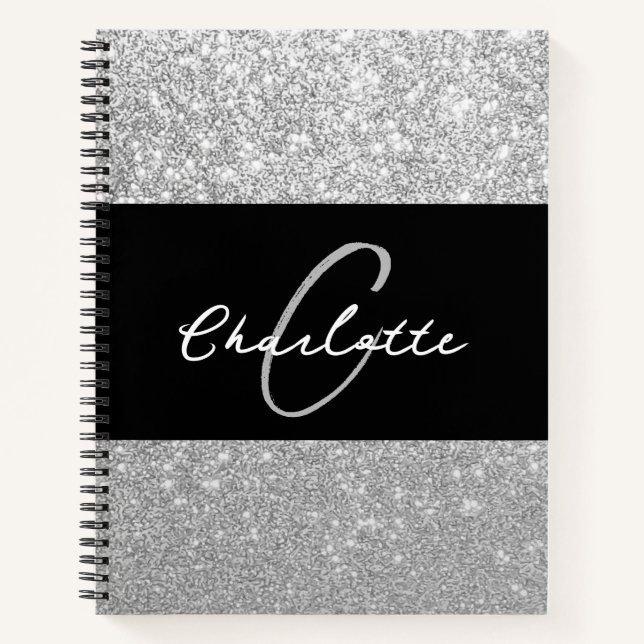 Luxury Sparkle Silver Glitter Name Notebook (Front)