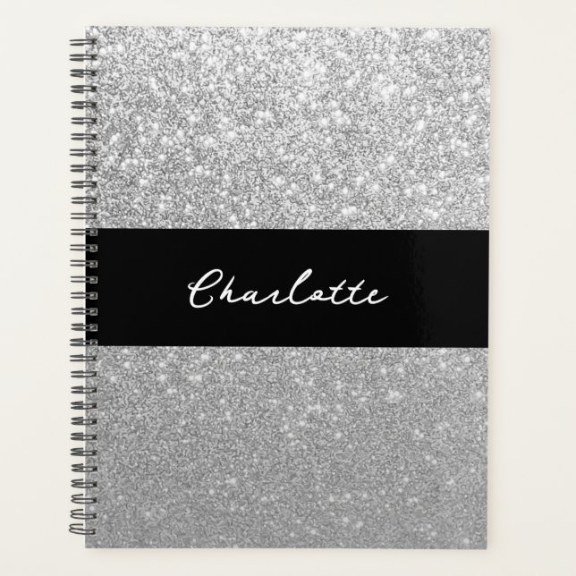Luxury Sparkle Silver Glitter Name Planner (Front)