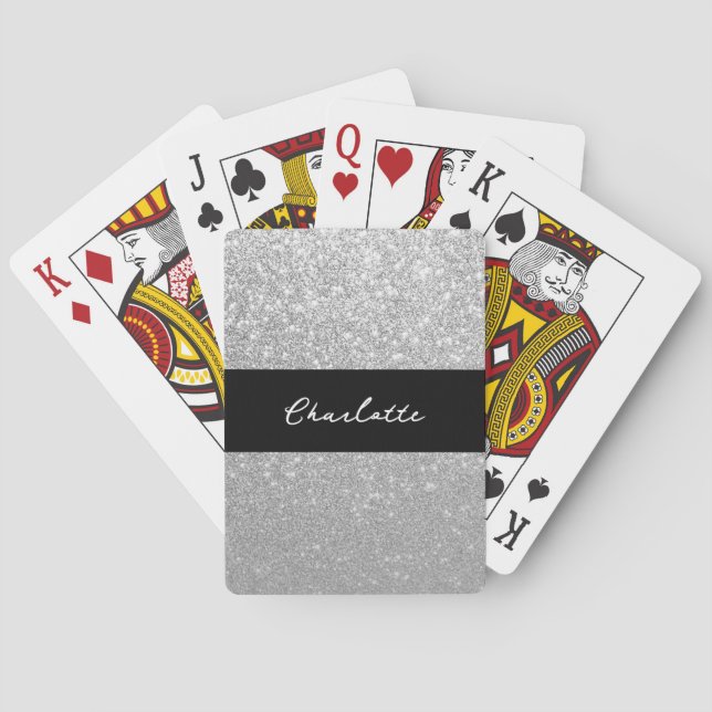 Luxury Sparkle Silver Glitter Name Playing Cards (Back)