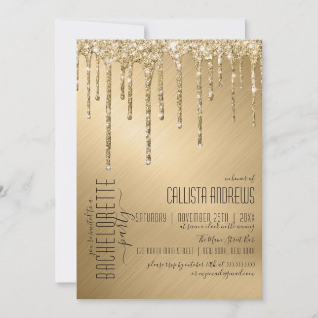 Luxury Sparkly Gold Glitter Drips Bachelorette Invitation (Front)