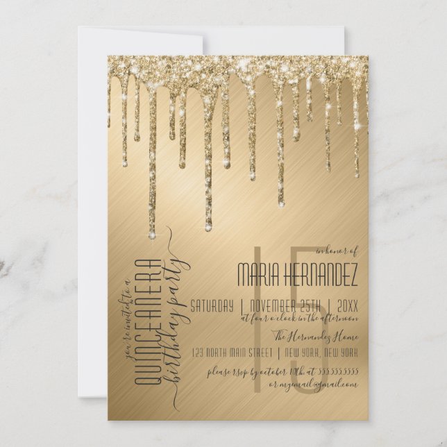 Luxury Sparkly Gold Glitter Drips Quinceañera Invitation (Front)