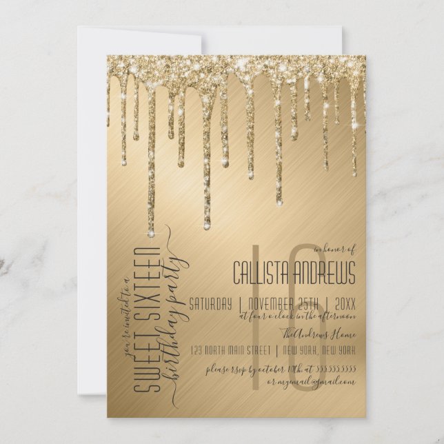Luxury Sparkly Gold Glitter Drips Sweet 16 Invitation (Front)