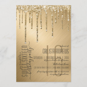 Luxury Sparkly Gold Glitter Drips Sweet 16 Invitation