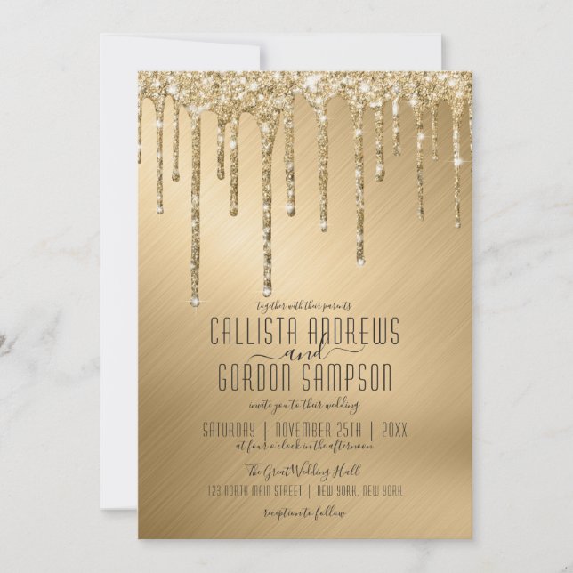 Luxury Sparkly Gold Glitter Drips Wedding Invitation (Front)