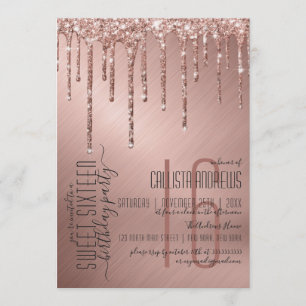 Luxury Sparkly Rose Gold Glitter Drips Sweet 16 Invitation