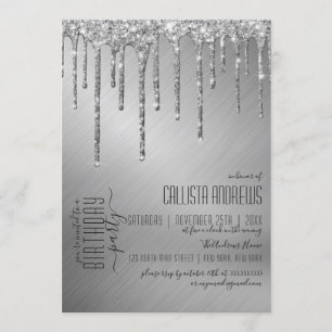Luxury Sparkly Silver Glitter Drips Birthday Party Invitation