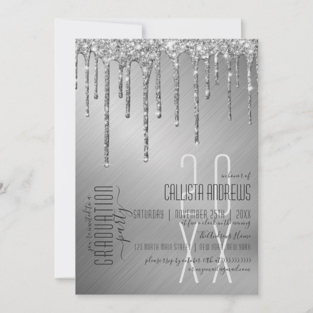 Luxury Sparkly Silver Glitter Drips Graduation Invitation (Front)
