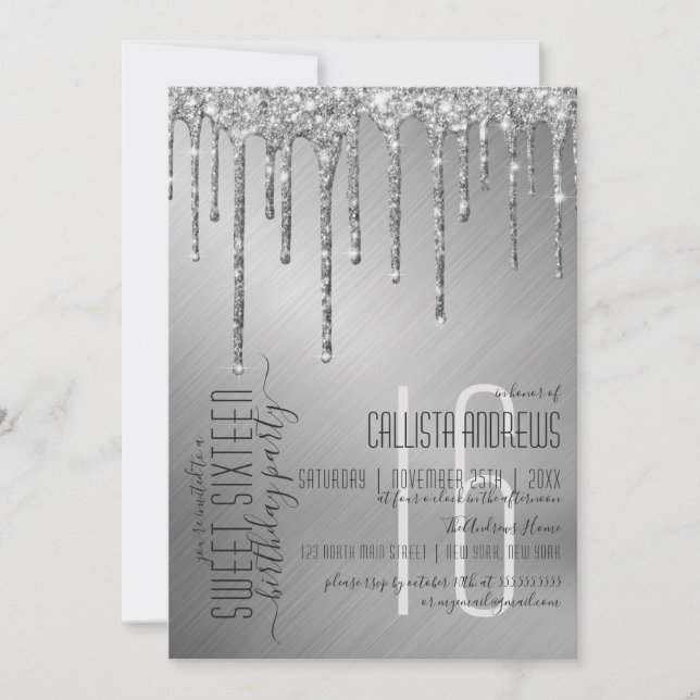 Luxury Sparkly Silver Glitter Drips Sweet 16 Invitation (Front)
