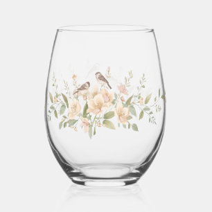 Luxury Spring Wildflower bird Rose Garden Seamless Stemless Wine Glass
