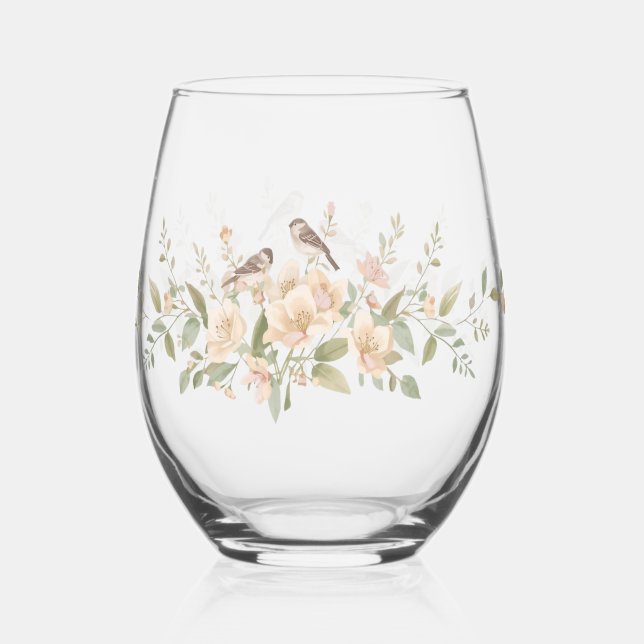 Luxury Spring Wildflower bird Rose Garden Seamless Stemless Wine Glass (Back)
