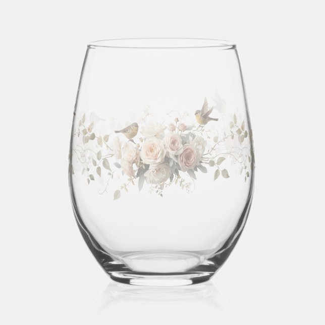 Luxury Spring Wildflower bird Rose Garden Seamless Stemless Wine Glass (Left)
