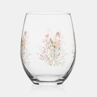 Luxury Spring Wildflower Butterfly Rose Garden  Stemless Wine Glass